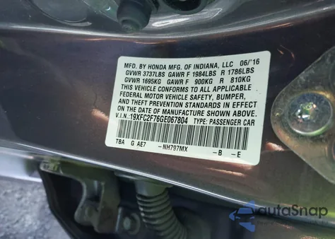 2016 Honda Civic Ex from USA, damaged, VIN 19XFC2F76GE067804